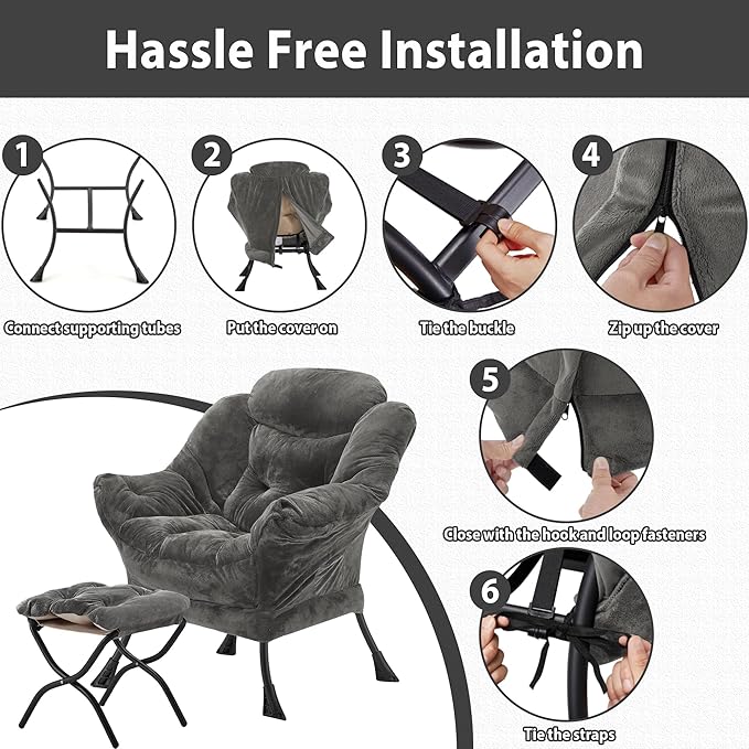 Lazy Chair with Folding Ottoman, Accent Chair Plush Upholstered with Metal Structure and Non-Slip Pads, Sofa Armchair with Footrest and Side Storage Bag for Dorm, Room, Office, Dark Gray