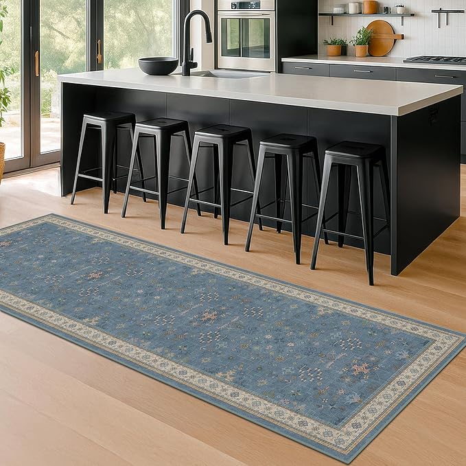 Boho 2x6 Non Slip Kitchen Rug Runner - Light Blue Washable Rug for Bathroom, Laundry Room, Hallway, Non Slip with Rubber Backing, Floral Eclectic Unique Runner Décor