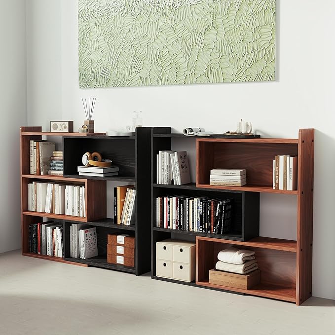 Open Shelf Low Bookcase,Wooden 4-Tier Floor Standing Expandable 25-47 inch Wide Bookcase,with Side Panels Frame for Home and Office (Walnut)