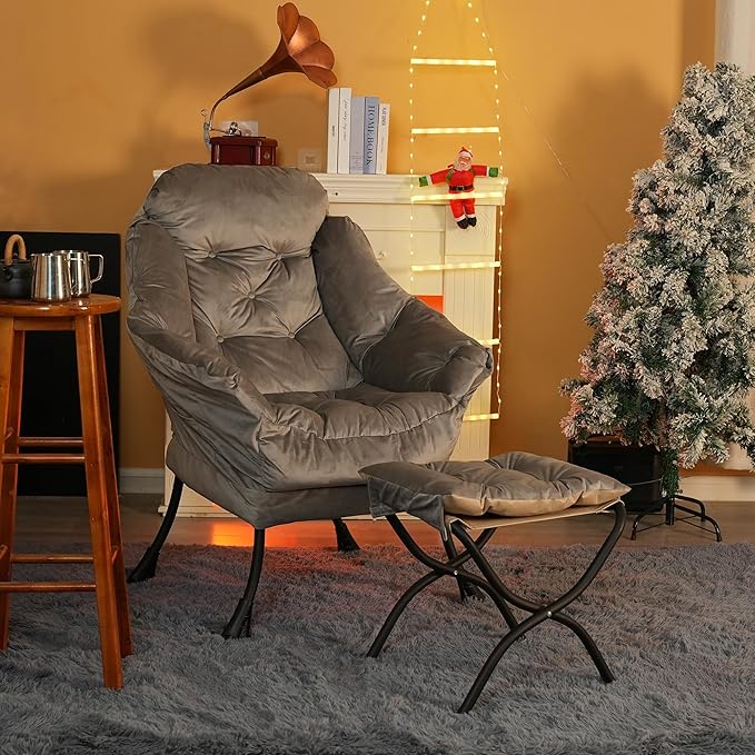 Lazy Chair with Folding Ottoman,Living Room Chairs, Accent Contemporary Lounge Chair, Single Steel Frame Leisure Sofa Chair with Armrests and A Side Pocket (Light Gray)