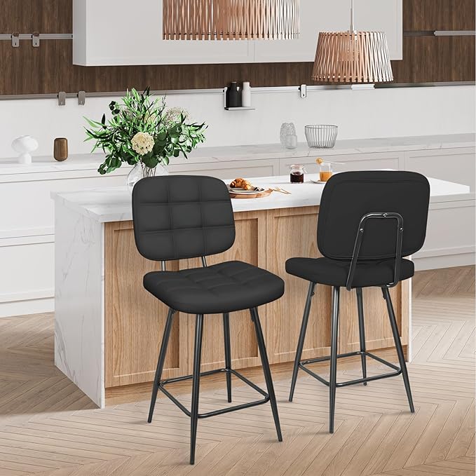 Bar Stools Set of 2, 24 Inch Upholstered Metal Barstool with Back and Footrest, Bar Chair with Metal Base for Dining Room Counter Island, Black