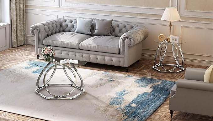 O&K FURNITURE Glass Coffee Table, Modern Silver Coffee Table Living Room Table with Hexagonal Base, Round Coffee Table for Home&Office, Chrome Finish, 1 PC