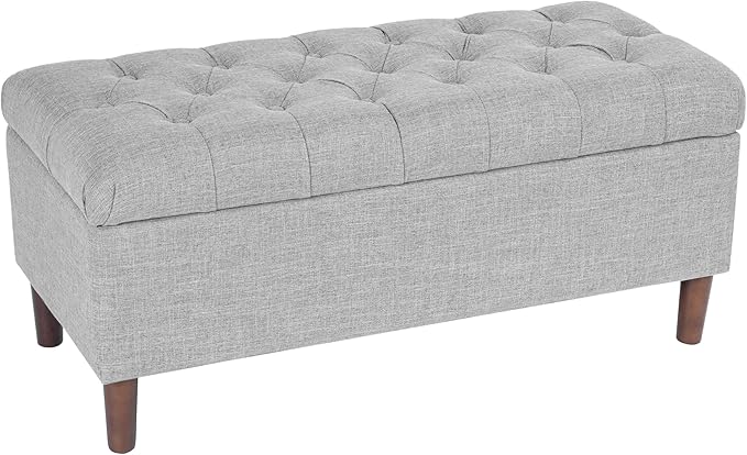 HomePop Home Decor | Tufted Ainsley Button Storage Ottoman Bench with Hinged Lid | Ottoman Bench with Storage for Living Room & Bedroom,Gray Woven