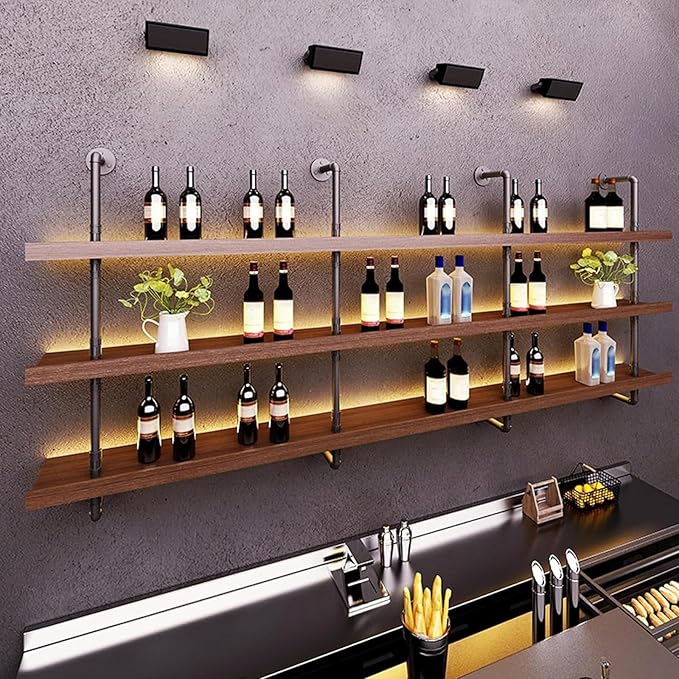 78.7in Large Wine Rack with LED Light Solid Wood Wall Mounted Wine Rack, 3-Tiers Liquor Bottles Floating Shelves Display Storage Organizer for Home Bar & Dining Room (200cm/78.7in)
