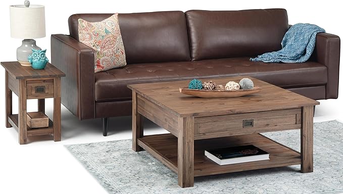 SIMPLIHOME Monroe Square Coffee Table - 38 inch Wide Solid Acacia Wood Living Room Table in Rustic Natural Aged Brown, Rustic Cocktail Table for Family Room or Lounge with 2 Drawers and Open Shelf