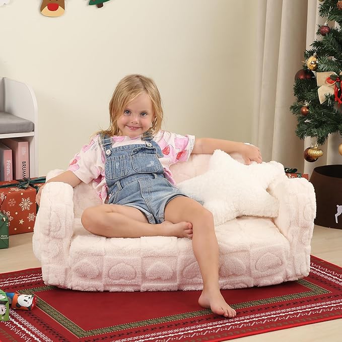 Extra Wider Seating Toddler Couch, 2-in-1 Toddler Soft Couch Fold Out with Star Pillow, Convertible Sofa to Lounger for Girls and Boys, Cream Heart