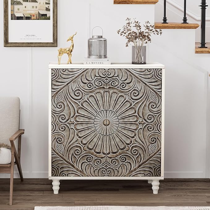 COSIEST 32" W Sideboard Buffet Cabinet with Storage, Accent Cabinet with 2 Push-to-Open Magnetic Doors, Vintage MDF Buffet Table for Living Room, Kitchen, Hallway (Gray,Flower Pattern)