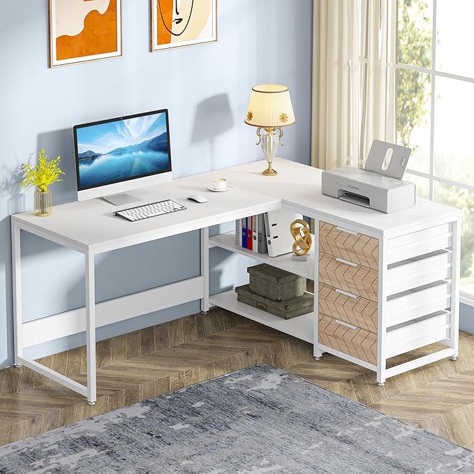 LITTLE TREE 59-Inch L Shaped Desk with Drawers, Large Computer Desk with Storage Shelves, Reversible L-Shaped Corner Desk Workstation for Home Office