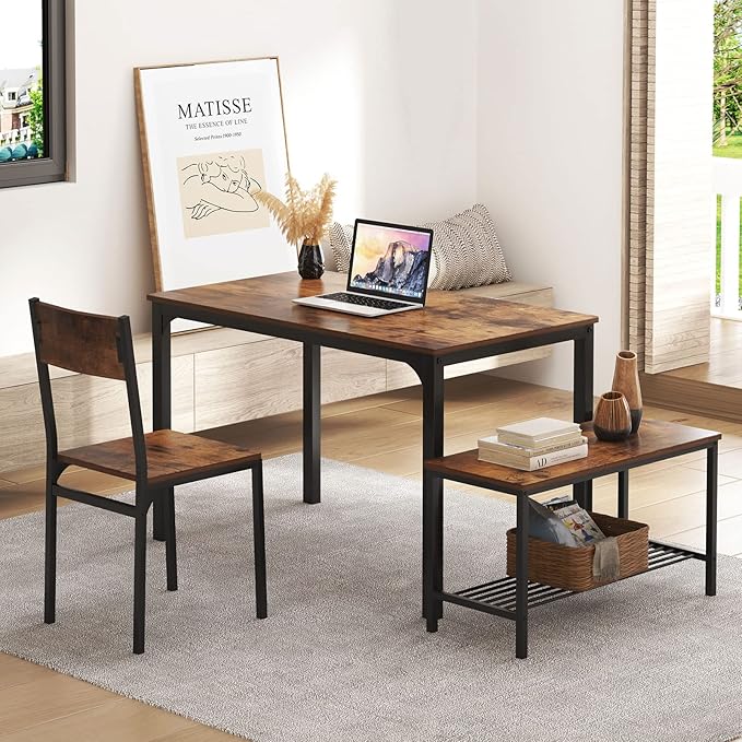 soges 4 Pieces Dining Table Set, 43.3 inch Kitchen Table Set for 4, Dining Set with 2 Chairs and Bench with Storage Rack, Nesting Furniture Set for Dining Room, Kitchen, Restaurant, Rustic Brown