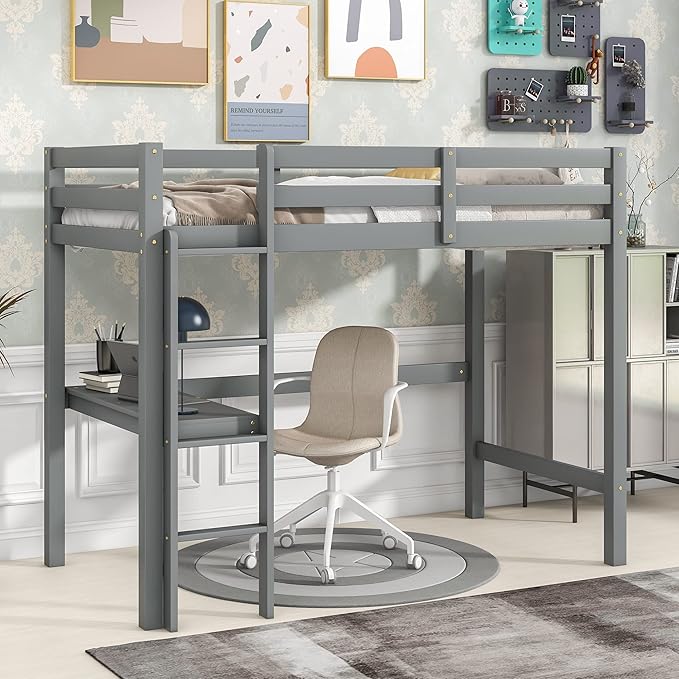 HomSof Twin Loft Bed with Built-in Desk,Grey