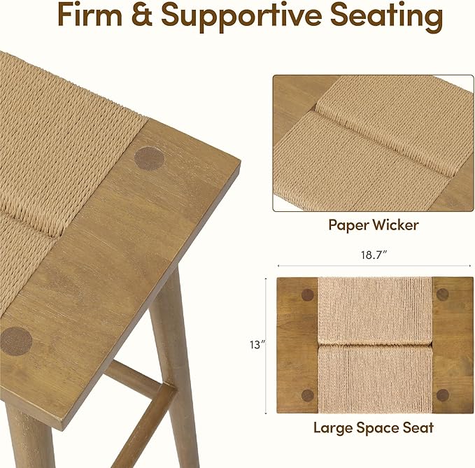 Thor Wicker Counter Height Wooden Counter Stool with Hand-Knitted Rope, K/D, Backless Island 24" Wicker Stool for Kitchen, Solid Wood, Eco-Friendly, Modern Design (Light Brown)