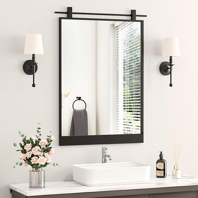 24x36 Inch Rectangle Bathroom Vanity Mirror for Wall Mounted Over Sink Farmhouse Rustic Matte Black Frame Barn Door Mirrors Foyer Entryway Decor