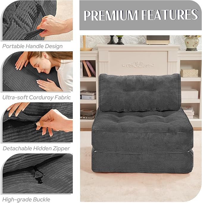 HABUTWAY Folding Sofa Bed, Convertible Sleeper Chair Bed w/Dual-Pillow & Handle, Foldable Floor Sofa Lounge w/Back Support for Living Room, Bedroom, Apartment, Office, Grey