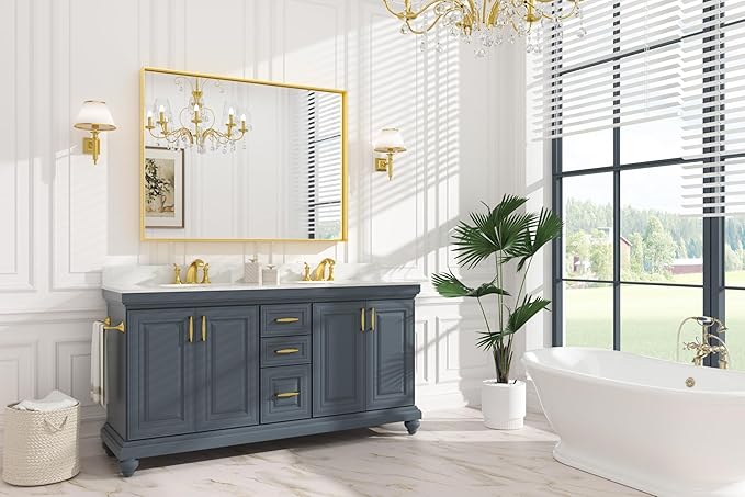 Keonjinn Gold Bathroom Mirror 48” x 36” Brushed Gold Metal Framed Mirror Rectangular Large Wall Mirror Square Corner Gold Vanity Mirror Oversized Rectangle Mirror for Over Sink(Horizontal/Vertical)