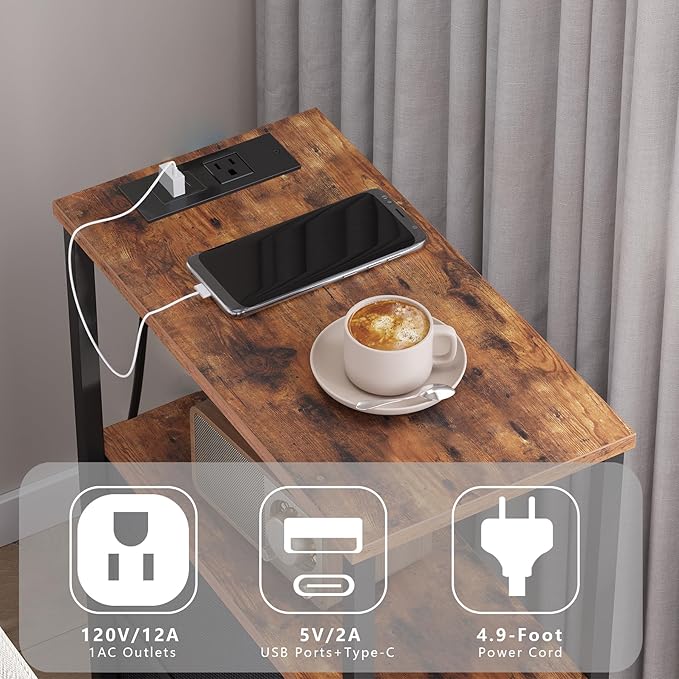 TUTOTAK Small Narrow End Table with Charging Station, Set of 2, Side Table with Outlets, Nightstand with 2 Cloth Drawers, Couch Table, for Living Room, Bedroom, Bedside, Brown TB01BB055