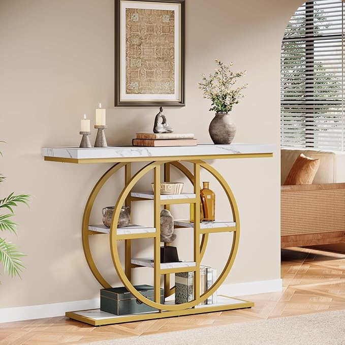 41" Console Table, 4-Tier Entryway Table with Circle Base, Industrial Narrow Wood Sofa Accent Tables with Storage Shelves for Living Room, Hallway, Foyer (White Gold)