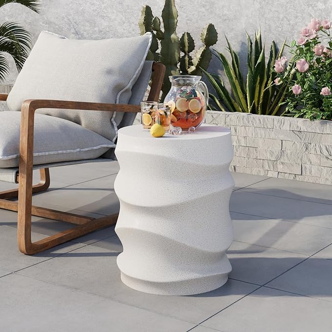 COSIEST Set of 2 Outdoor Side Table, 2 Pieces Concrete Side Table for Patio, Streamlined Lightweight Accent Table, Decorative Patio Garden Stools, Plant Stand Drum Table, Round, Spotted White