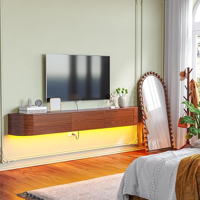 Fully Assembled Floating TV Stand with Drawers, 70IN Vintage Wall Mounted Entertainment Center, Minimalist Large Storage Console Under TV, Solid Wood Media Shelf for Living Room, Bedroom