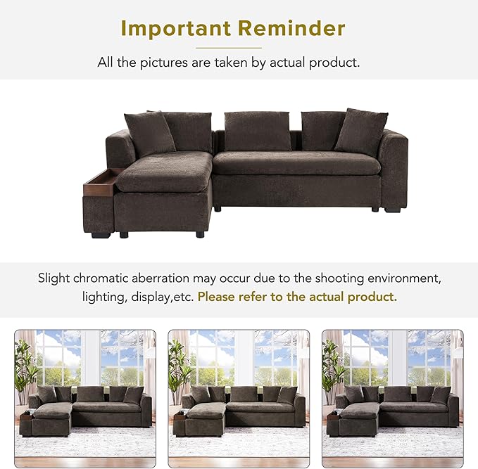 Merax 93.7" L-Shaped Sectional Sofa with Wooden Storage Compartment, Chenille Upholstered Deep Seating Sleeper Couch & Chaise Lounge and Throw Pillows for Living Room, Brown