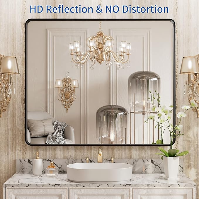 WEER Black Bathroom Mirror, 40X32 Inch Rectangular Matte Black Metal Framed for Wall, Farmhouse Bathroom Vanity Mirror with Tempered Glass, Rounded Corner, Anti-Rust (Horizontal/Vertical)