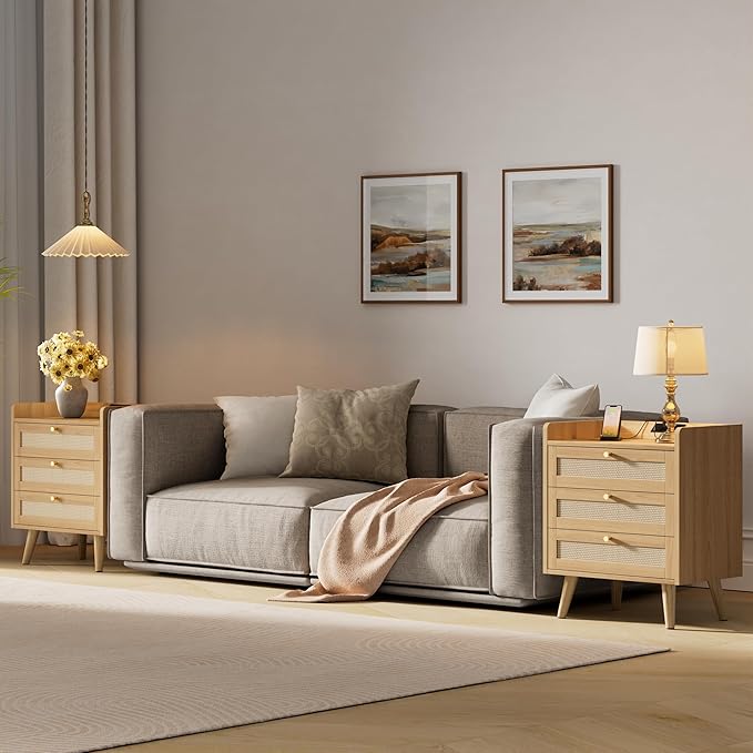 Rattan Nightstand with Charging Station, Night Stand with 3 Large Drawers, Side Table with USB Ports and Outlets, Bedside End Table for Bedroom