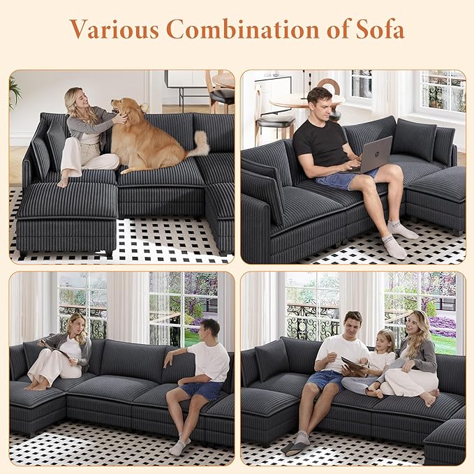 Vesgantti 109" U Shaped Cloud Sectional Sofa, Comfy Corduroy Upholstered Sectional Modular Sofas for Living Room, Modern Modular Couch with 2 Ottoman Deep Seat, Dark Grey