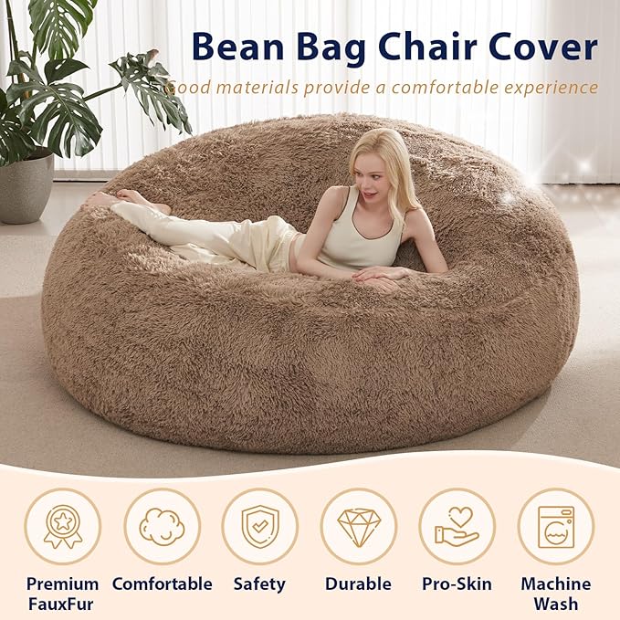 Fluffy Bean Bag for Stuffed Animals Storage, Faux Fur Washable Bean Bag Chair Cover(No Filler) for Textile Plush Toys, Beanbag Chair Cover for Adults Kids Teens, 5FT, Khaki