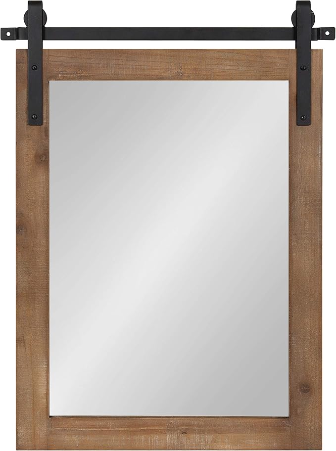 Kate and Laurel Cates Farmhouse Wood Framed Wall Mirror, 18 x 26, Rustic Brown, Barn Door-Inspired Rustic Mirrors for Wall