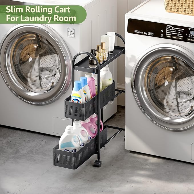 KINGRACK 3-Tier Slim Storage Cart with Pull Out Basket, Rolling Bathroom Organizer Utility, Metal Shelving Unit Slide Out, Lockable Wheels, Easy Assembly for Narrow Place, Kitchen, Laundry Room, Black