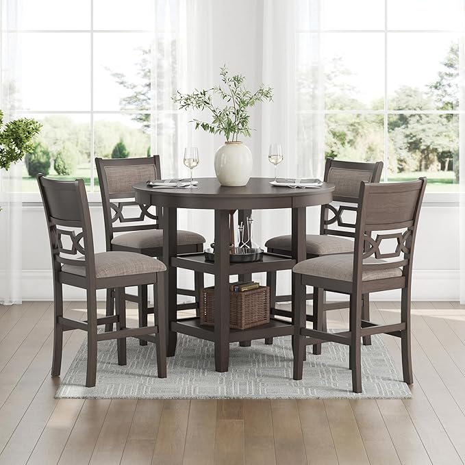Signature Design by Ashley Wrenning Modern Diamond Patterned Counter Height Dining Table and 4 Upholstered Bar Stools with 2 Shelves, Set of 5, Gray & Light Gray