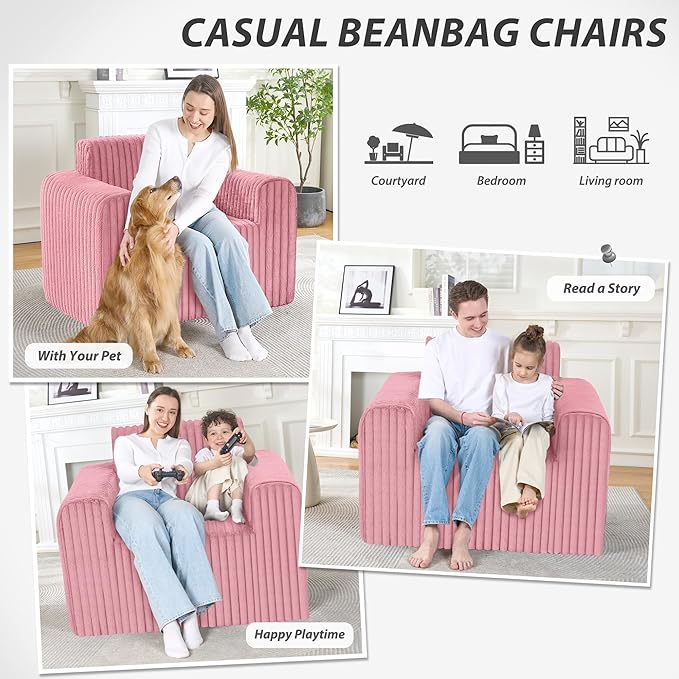 Giant Bean Bag Chair for Adults, Non-Slip Floor Sofa with High Backrest & Wider Armrest, Upgrade Whole Sponge Bean Bag Sofa Couch for Bedroom Living Room(Large,Pink,Stripe Plush)
