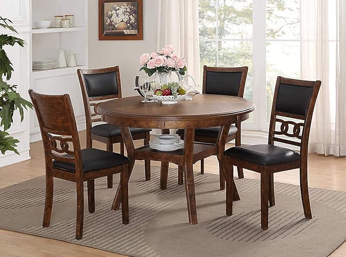 New Classic Furniture Gia 5-Piece Round Dining Set with 1 Dining Table and 4 Chairs, 47-Inch, Brown
