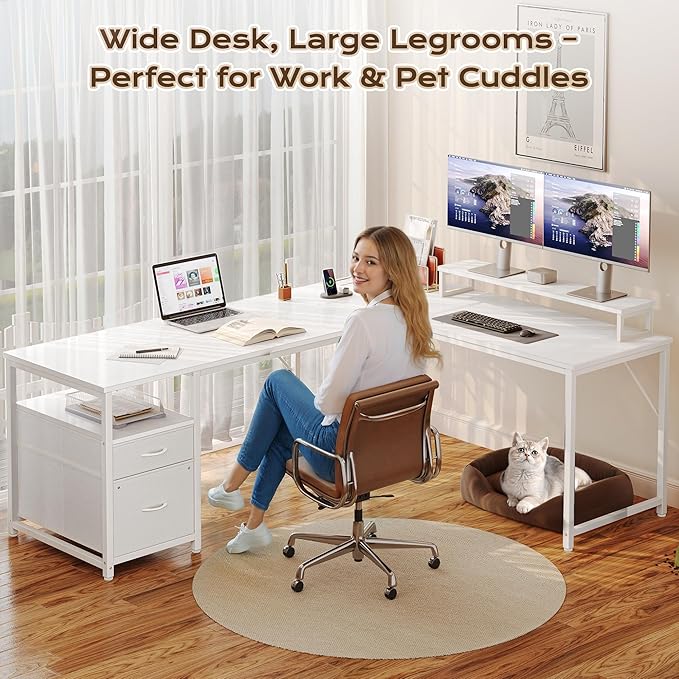 PRAISUN 63 Inch L Shaped Desk with Power Outlets and USB-C Port, Computer Corner Home Office Desk with File Fabric Drawers and Movable Monitor Stand, Larger Storage, Gaming, Writing, Work, White