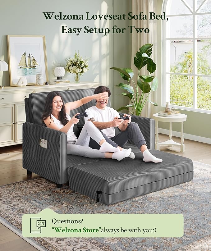 53” Convertible Sofa Bed Couch, Corduroy Couch Bed, 6-Position Loveseat Sleeper Sofa, Love Seat Sleeper Bed 23.6" Extra Deep Seat, Modern Couches for Living Room/Apartment/Home/Office, Grey