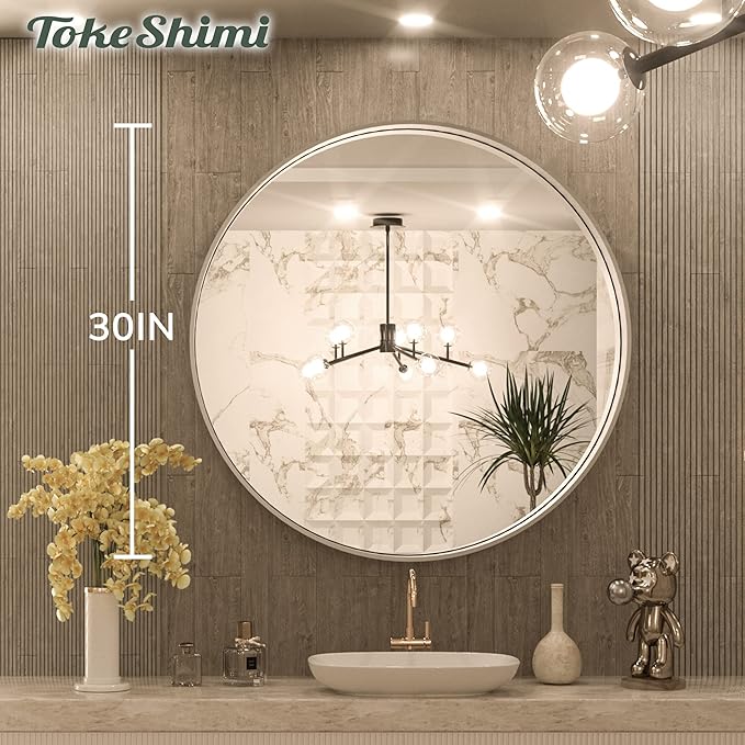 TokeShimi Round Mirror 30 Inch Brushed Silver Round Bathroom Mirror for Wall Non-Rusting Aluminum Alloy Brushed Silver Metal Frame Modern Circle Mirror Fit in Minimalist Multi Style for Decor