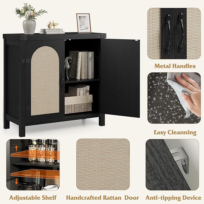 Garvee 31.5'' Small Rattan Buffet Cabinet with Storage, Kitchen Coffee Bar Cabinet with Doors, Boho Farmhouse Sideboard with Adjustable Shelves and Handle for Kitchen, Living Room, Black