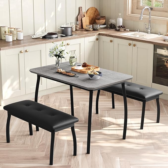 3 Piece Farmhouse Dining Table Set for 4, Compact Rustic Kitchen Table with 2 Padded Benches, Space Saving Breakfast Nook Furniture Set for Small Spaces, Apartments, Grey
