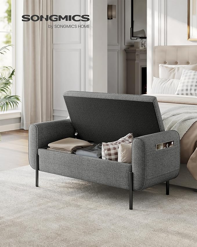SONGMICS Storage Bench with Armrests, Ottoman for Living Room, Bedroom, Entryway, Steel Legs, Dark Gray ULOM072G01