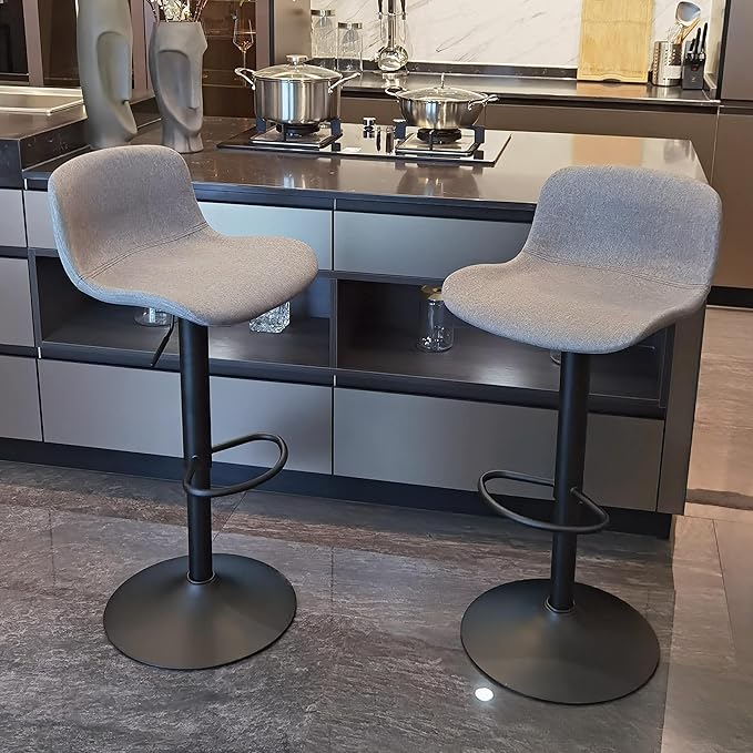 YOUTASTE Fabric Grey Bar Stools Set of 2, Adjustable Counter Height Barstools Swivel Modren Bar Stool with Back Metal Legs, Breakfast Bar Chairs for Kitchen Island Home Bistro