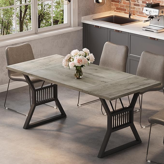 GarveeHome 70.8 Inch Dining Table 4-6 Person, Kitchen Table with Heavy Duty Metal Legs, Farmhouse Wooden Dining Room Table for Kitchen, Living Room