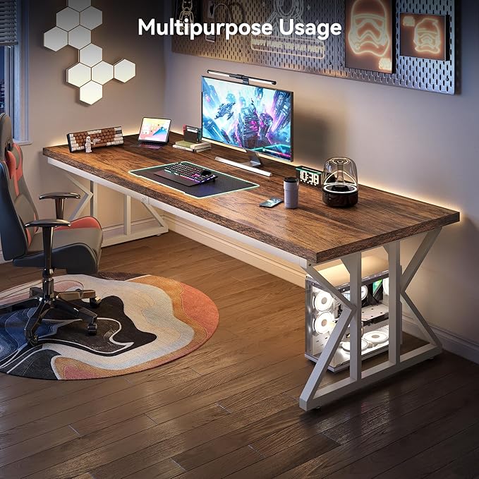 LITTLE TREE 78.7 Inch Large Executive Desk, Modern Computer Office Desk, Wooden Writing Desk Study Table for Home Office, Rustic Brown-White