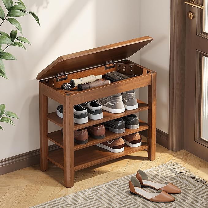 Shoe Rack Bench Seat Rubberwood 3-Tier Wooden Storage Bench 550lbs Compact Mid-Century Modern Design for Entryway, Hallway, Closet, Front Door Entrance, Foyer