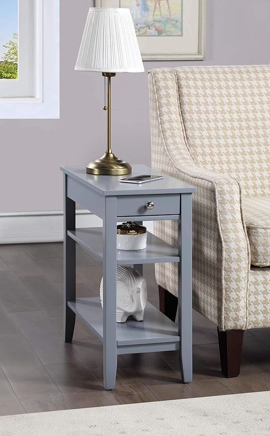 Convenience Concepts American Heritage Chairside End Table with Drawer 23.5" - Classic Living Room Table with Storage Shelf, Bedroom Nightstand, Gray