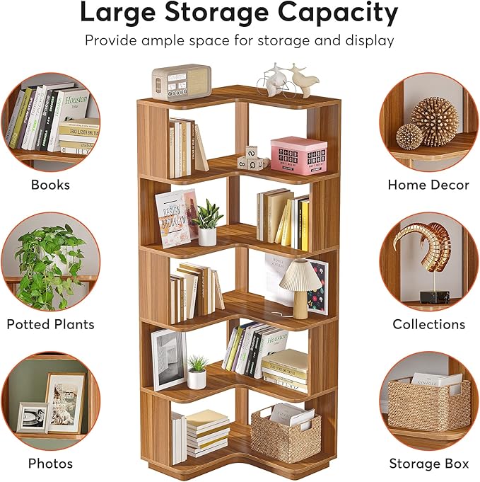 LITTLE TREE 6-Shelf Corner Bookshelf, 65” Tall L Shaped Bookcase, 6-Tier Industrial Corner Shelf Storage Display Rack for Living Room Home Office, Wood Grain Walnut
