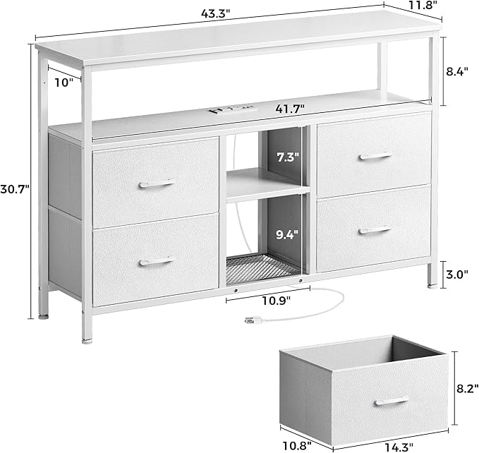 Huuger TV Stand Dresser with Power Outlets and LED Lights, 4 Drawers Entertainment Center with Open Shelf, Media Console for 50 43 Inch TV, Dresser with PU Finish, White