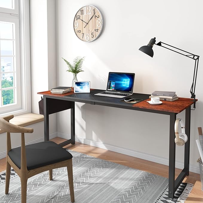 Decoholic 63 Inch Home Office Computer Two-Color Panel Desk with Storage Bag and Hook, Black, Sandalwood Color, Industrial Modern Laptop Desk