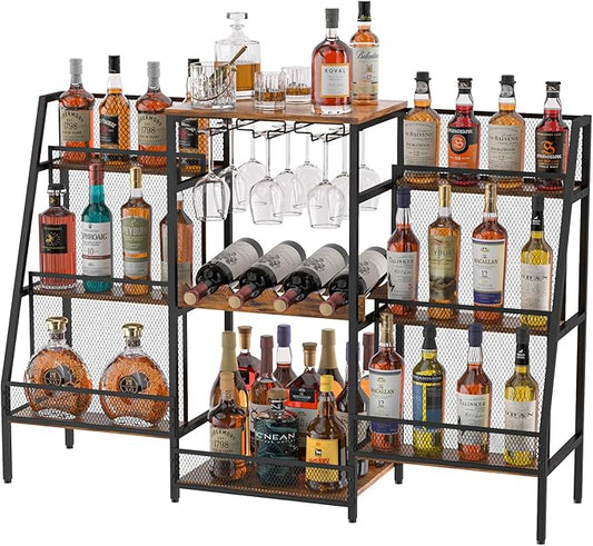 Versatile Bar Stand with Glass Holder, Wine Rack Freestanding Floor, Liquor Cabinet for Liquor Whiskey Wine, 6-Tier Stepped Bar Cabinet with Fences, Vintage Brown（Patent Pending）