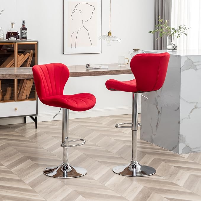 Roundhill Furniture Ellston Velvet Adjustable Swivel Barstools in Red, Set of 2