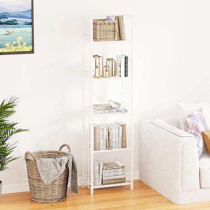Bookshelf Storage Shelf Bookcase Freestanding Storage Stand for Living Room, Bedroom, Kitchen, Rust Resistance, Easy Assembly Free Combination Multi-Functional Organizer (5 Tiers,White)