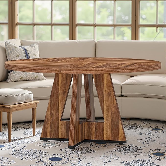 NicBex 47-Inch Round Dining Table for 4, Farmhouse Dinner Table Small Farmhouse Kitchen Tables with Wood Pedestal Base for Dining Room, Kitchen, Living Room, Brown